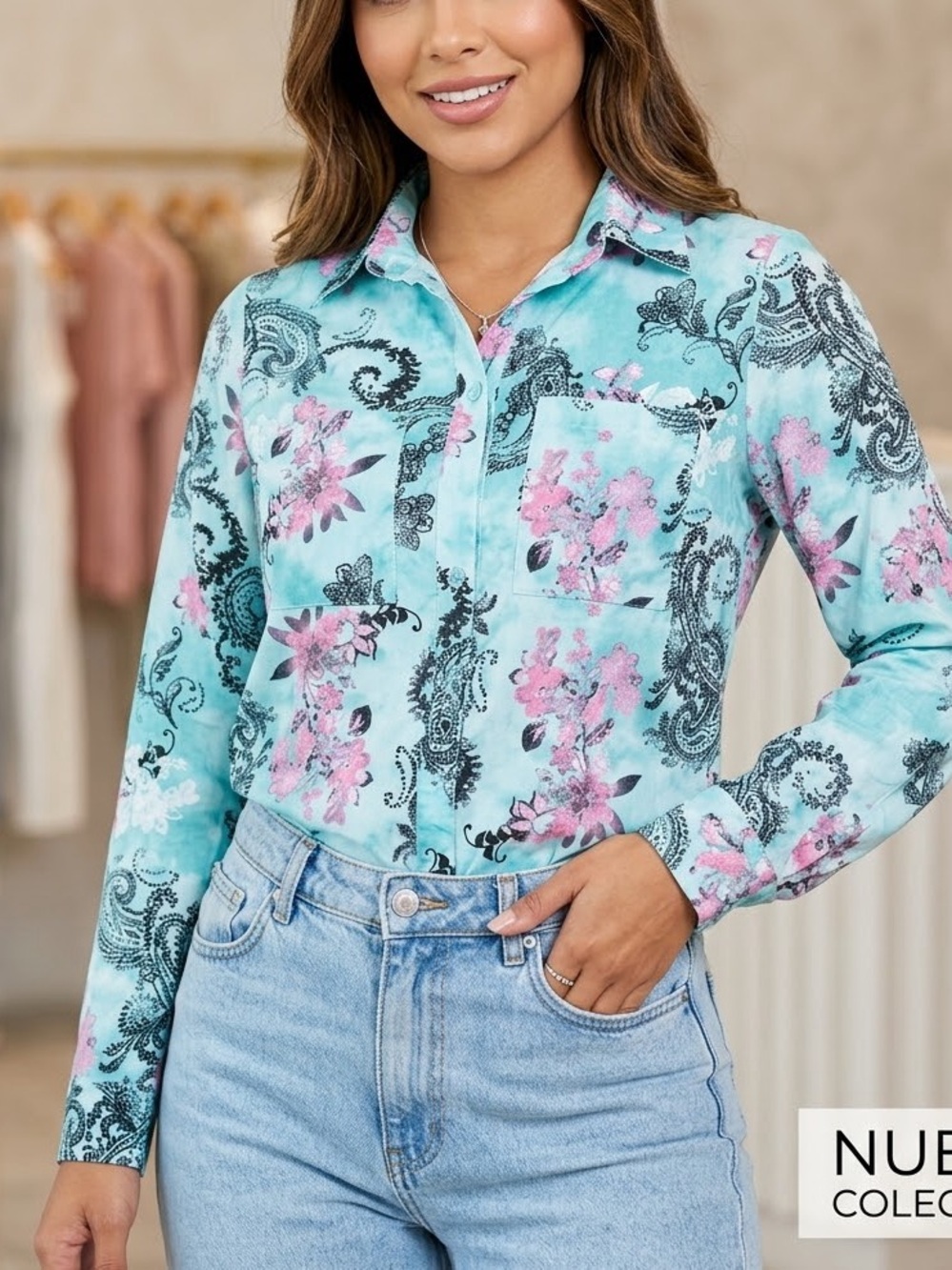 Fashion Nova Aqua Floral & Black Paisley Button-Down Shirt